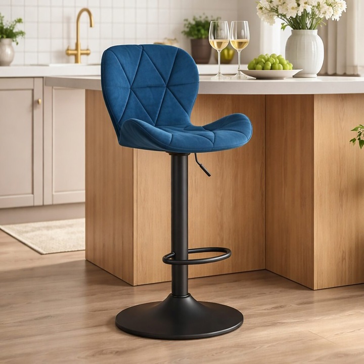 Scaun de bucatarie/bar, Artool, West, rotativ, catifea bleumarin, picior metal negru, 46x48.5x90-111 cm