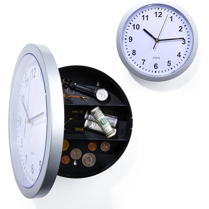 Ceas cu Compartiment Secret, Seif Ascuns, Pentru Lucruri de Valoare, Fara Chei sau Cifru, diametru de 25 cm, 3 Sertare Interioare