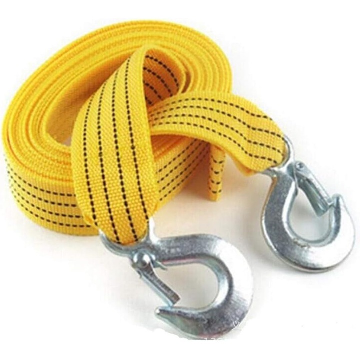 Curea de remorcare, 4 metri, 3 tone, galben, cu carlige de siguranta