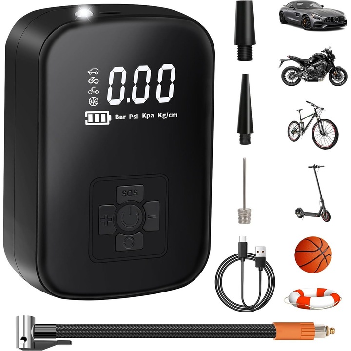 Pompa electrica portabila HERUSI 150 PSI 3600mAh LCD digital, negru, compacta