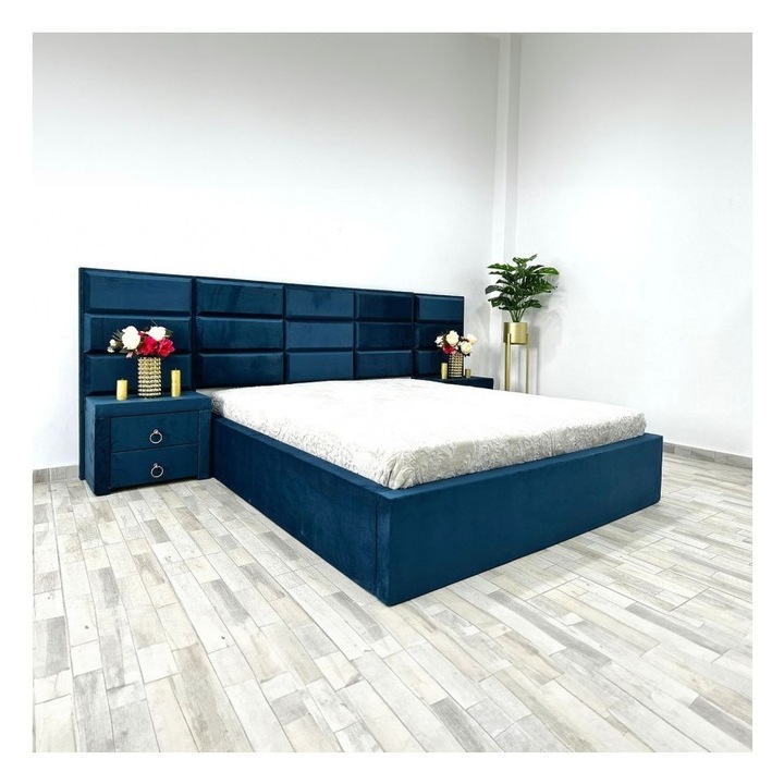 Pat Ven08 Albastru + Saltea 160x200cm si 2 Noptiere