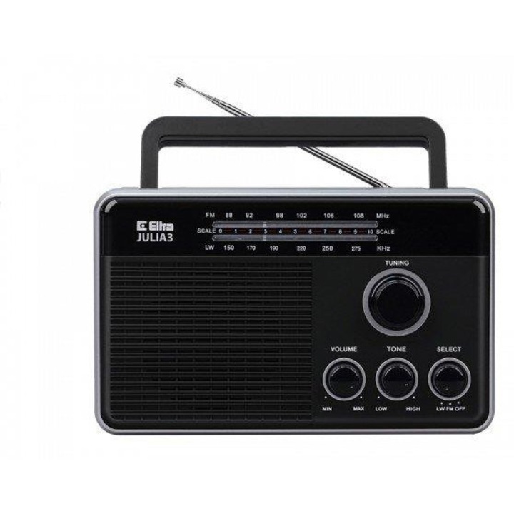 Hálózati-akkumulátoros rádió, Eltra, Julia 3, Teljesítmény: 3 W, Csatlakozások: 1X 3,5 mm-es minicsatlakozó, Rádió típusa: Am, Lw, Fm (Ukf), Tápellátás: Hálózati és akkumulátoros, 10,5 cm X 10,5 cm X 0 cm, fekete