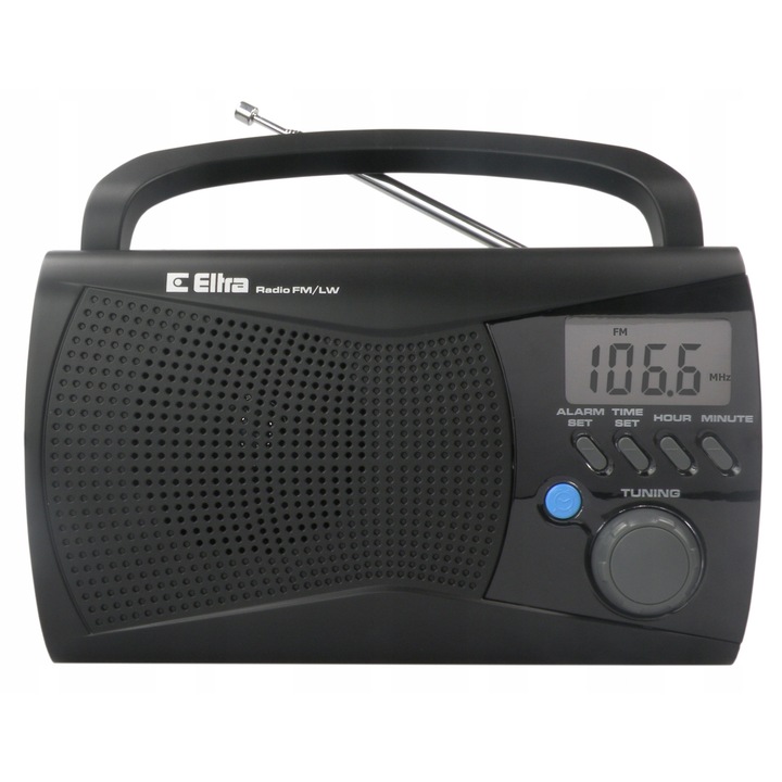 Eltra Hordozható Rádió, 5907727027448, Tápegység: Elemek, Csatlakozók: 1X 3,5 mm-es minicsatlakozó, Rádió típusa: Am, Lw, Fm (Ukf), Óra funkció, programozással a vevő bekapcsolásához, Méretek: 30 Cm X 10.5 Cm X 10.5 Cm, fekete