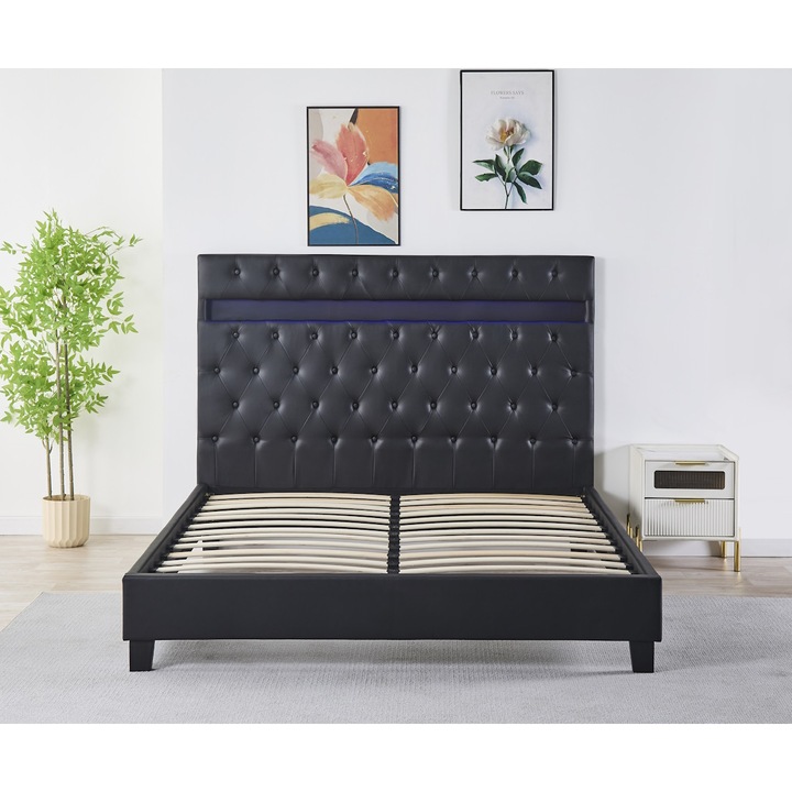 Pat Tapitat Premium Catifea 160x200 cm, Somiera Inclusa, Negru, Fara Saltea, cod FB-18