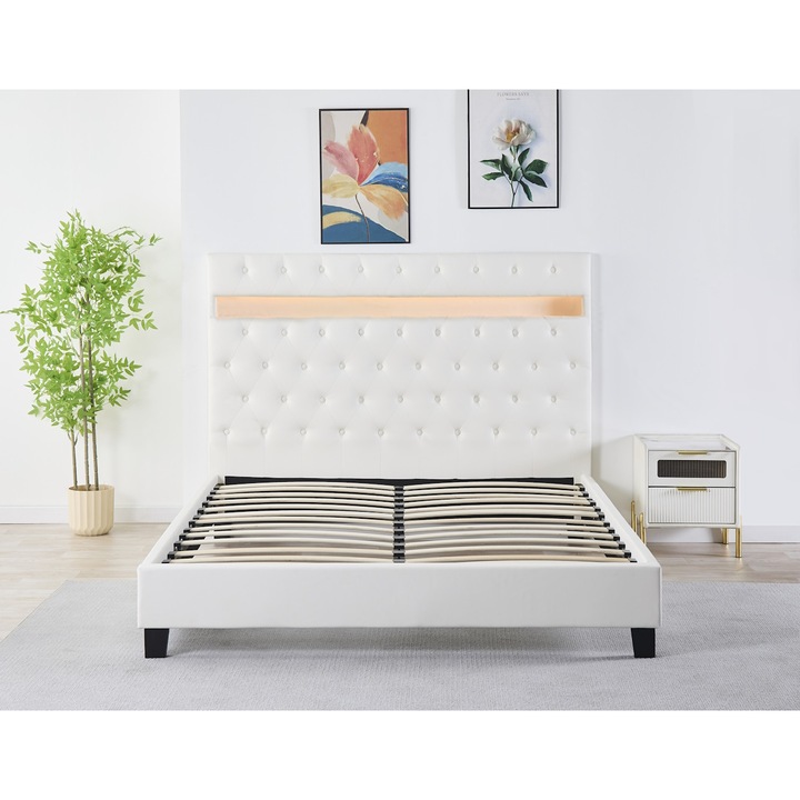Pat Tapitat Catifea, cu Iluminare LED, Somiera Inclusa, Alb, 160x200cm, Fara Saltea, cod FB-18