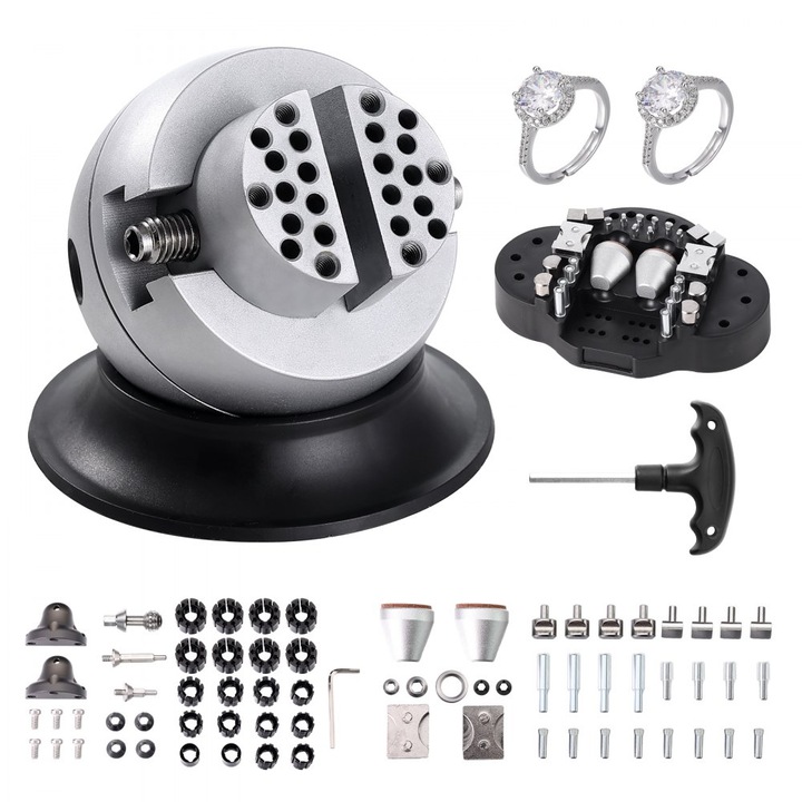 Menghina cu bile pentru gravare bijuterii, 76 mm, deschidere 54 mm, rotatie 360°, 70 de accesorii, adaptata insertiei de pietre pretioase