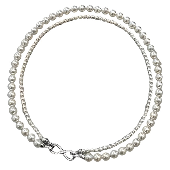 Colier cu perle dublu strat, colier detasabil, alb, 46cm