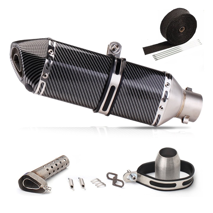 Kipufogócső, Hggzeg, Kipufogócső dísz, 51mm, Üvegszálas hővédő szalaggal, Nagy beszívási térfogat, Magas hőmérsékletnek ellenálló, Rozsdamentes, Honda Suzukihoz, Chigoods, Yamaha, Rozsdamentes acél, Fekete