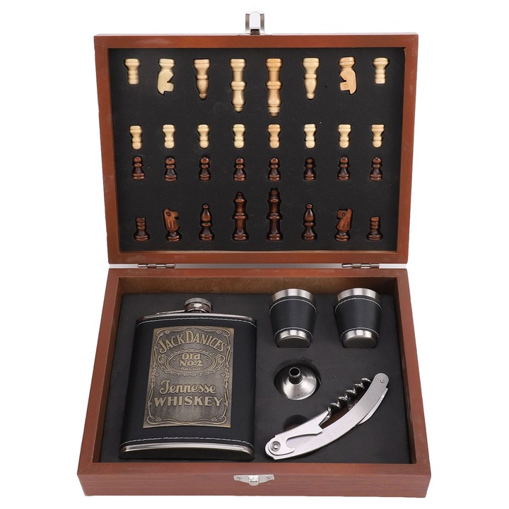 Set cadou pentru barbati, SINBINTA, Set 2 in 1 joc de sah si accesorii pentru vin, Cu tirbuson, sticla pentru bautura si palnie imbracate in piele, Inchidere simpla, Pliabil pentru depozitare, 225ml, Lemn/ Inox, 24*18*6cm, Multicolor