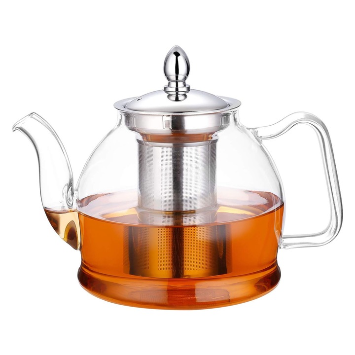 Ceainic cu infuzor, ZGGZERG, Design ergonomic, Rezistent la caldura, Fara picurare, Infuzor detasabil din otel inoxidabil, Usor de utilizat si de curatat, Pentru cuptor cu microunde si aragaz, Sticla borosilicata, Capacitate mare1200 ml, Transparent