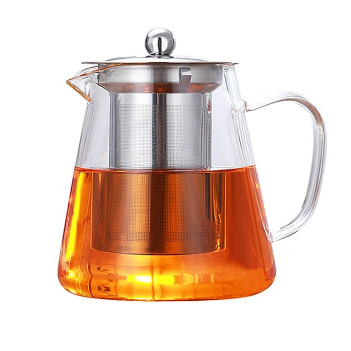 Ceainic cu infuzor, ZGGZERG, Recipient pentru ceai/cafea, Ergonomic, Rezistent la caldura, Fara picurare, Infuzor detasabil din otel inoxidabil, Usor de curatat, 550ml, Pentru cuptor cu microunde si aragaz, Sticla, Transparent