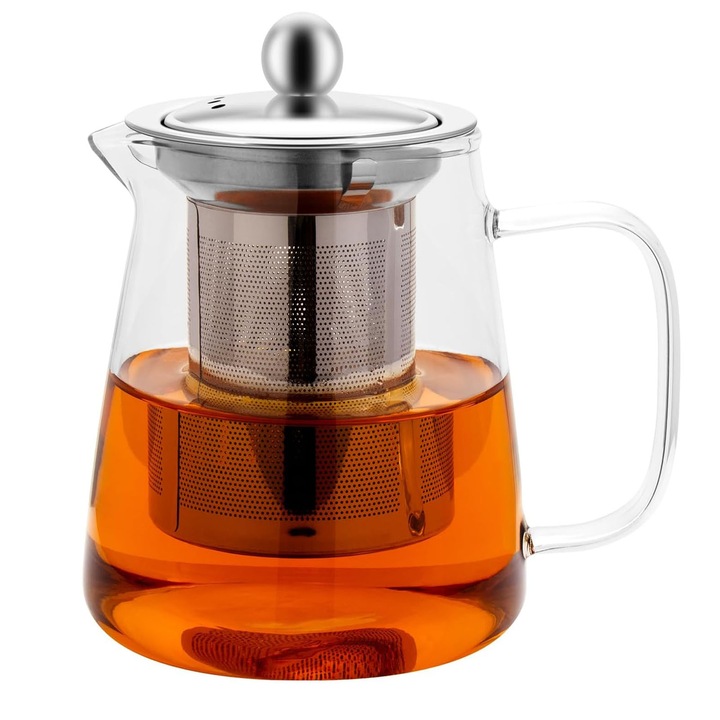 Ceainic cu infuzor, ZGGZERG, Recipient pentru ceai/cafea, Ergonomic, Rezistent la caldura, Fara picurare, Infuzor detasabil din otel inoxidabil, Usor de curatat, 750ml, Pentru cuptor cu microunde si aragaz, Sticla, Transparent