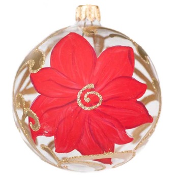Glob de sticla , 10 cm, transparent cu floare de craciunita decorat cu auriu, pictat manual Glob de sticla , 10 cm, transparent cu floare de craciunita decorat cu auriu, pictat manual