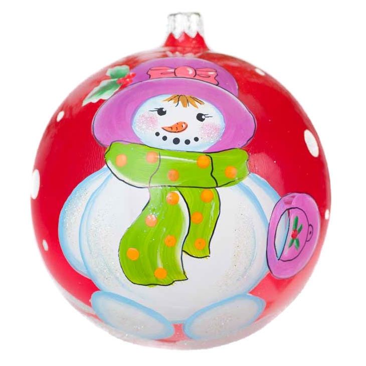 Glob de sticla, 10 cm, rosu cu om de zapada-fetita, pictat manual