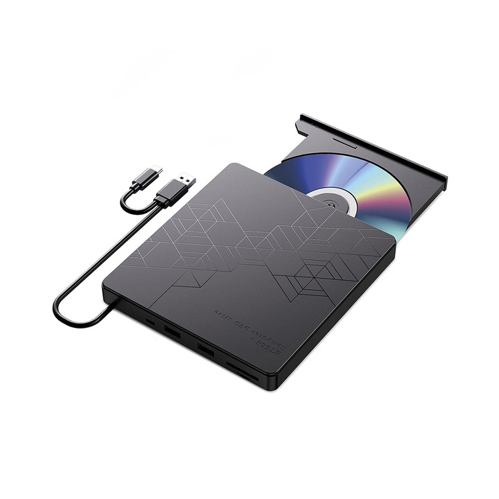 Външно CD/DVD устройство, ZGGZERG, USB-C/USB 3.0, CD/DVD, Plug and Play, Тънък и противоплъзгащ дизайн, Високоскоростен трансфер на данни, Преносим дизайн, Съвместим с лаптоп, компютър, настолен компютър, Windows 10/8/7, Пластмаса, 15.4*14.3*1.8 см, Черен