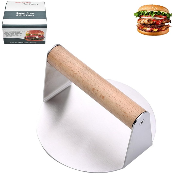 Hamburgerprés tapadásmentes bevonattal, ZGGZERG, Főzőeszközök, Ergonomikus, Masszív Felépítés, Könnyen Használat és Tisztítás, Konyhai és Otthoni Főzéshez, Piknikhez és Kempingezéshez, Rozsdamentes Acél/Fa, 14x7,5cm, Ezüst/Barna