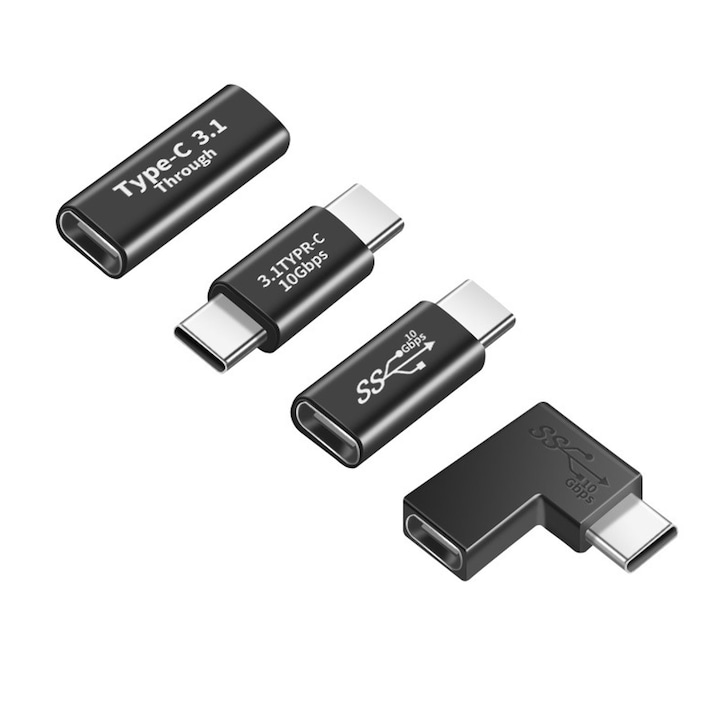 Комплект от 4 адаптера, SINBINTA, Комплект от 4 адаптера Type-C към USB 3.0, 10Gbps трансфер, Високоскоростно предаване, Бързо зареждане, Plug and play, Компактен и преносим, За лаптоп, мобилен телефон, клавиатура, Пластмаса, Черен