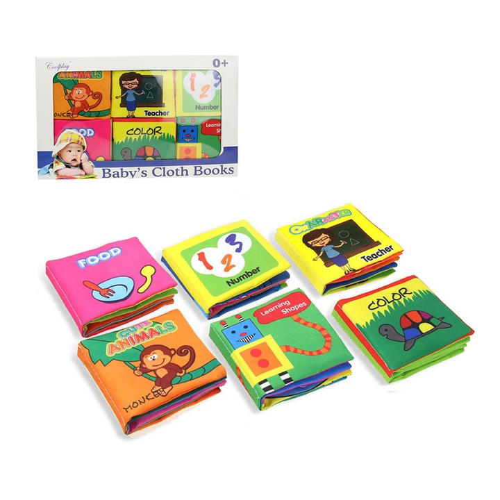 6 darabos textil szenzoros könyv készlet babáknak, ZGGZERG, Oktatókönyv szenzoros tevékenységekkel, 0-3 éves korig, Mosható, 4 oldal, babáknak, lányoknak és fiúknak, Poliészter, 10*11*21cm, Többszínű