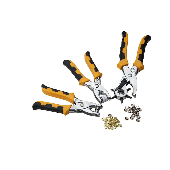 Set 3 clesti perforatoare gaurire, ZGGZERG, Cu manere antiderapante, Multifunctional, Durabil, Usureaza munca, Ergonomic, Pentru piele, panza, Otel de carbon, Fiferite marimi de la 15cm la 20cm, Negru+Galben