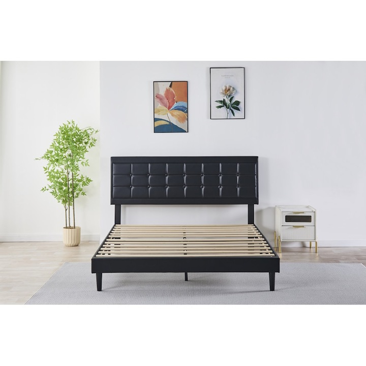 Pat Tapitat Catifea, Somiera Inclusa, Negru, Fara Saltea, cod 6610