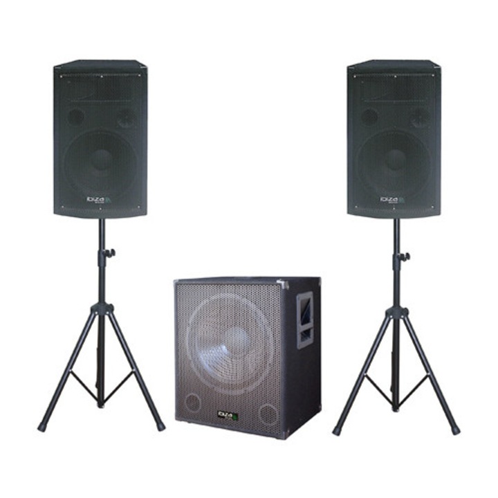 Аудио система, 15 инча (38 см) активен субуфер плюс 2 12 инча тонколони със стойка, мощност 1400 W, 1 вход и 1 AUX изход, 20Hz - 250Hz, черни