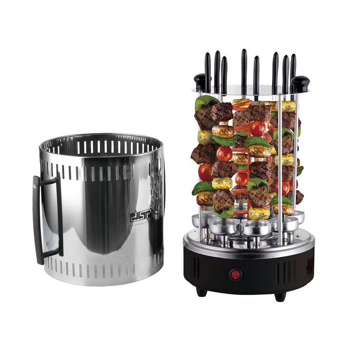 Gratar electric vertical, Aparat pentru frigarui, DSP, 1500W, 8 gauri, 16Frigarui, 8 cupe de ulei, Rotatie Automata 360 grade, Tepuse inox, Fara Fum, negru/gri