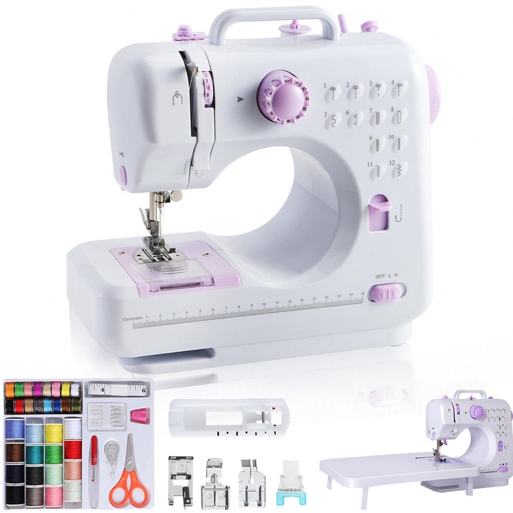 Masina de cusut electrica multifunctionala, Gorielden, iluminare LED, cu extensie detasabila, pedala, infasurare automata a firului, cu inversare si 12 ochiuri incorporate, ABS, inclusiv accesorii, cutie speciala pentru fire in 12 culori, alb/violet