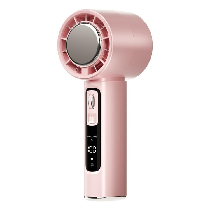 Вентилатор с охлаждащ диск, преносим, ръчен, 3 регулируеми скорости + 100 нива на интензивност, LCD екран с дисплей за батерията, бързо зареждане чрез USB-C, розов