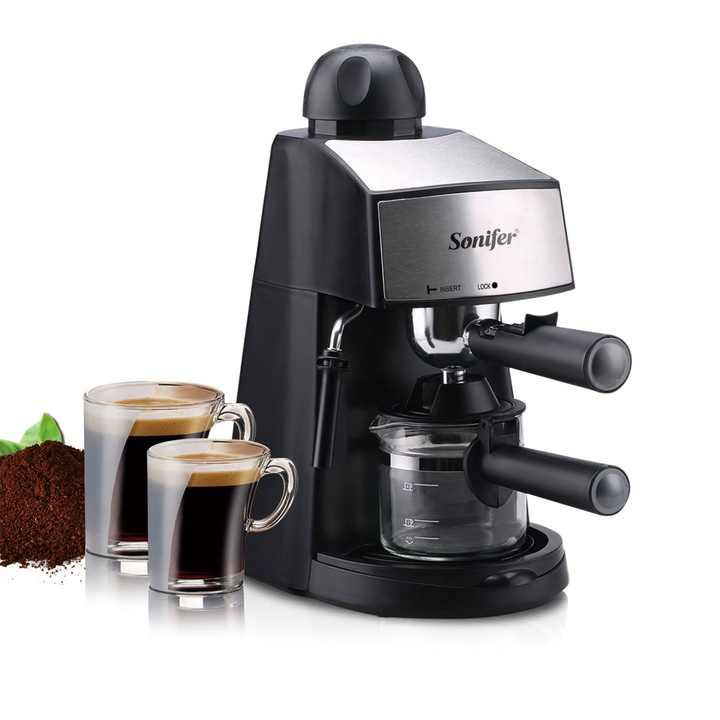 Aparat espresso, 800W, 3.5 bari, cu indicator de nivel al apei, indicator luminos, teava de abur din otel inoxidabil, tava de picurare detasabila pentru curatare usoara, Dispozitiv spumare, Negru gri