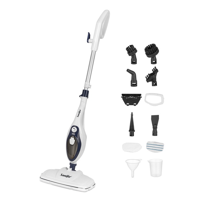 Mop de curatat cu aburi, Sonifer, 1500W, reglare continua a aburului, debit de abur 25-30 g/min, rotativ 180°, 8 capete interschimbabile, curatare umeda, aspirare umeda, functie de reamintire a lipsei de apa, alb