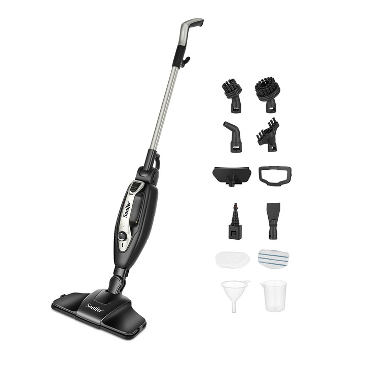 Mop de curatat cu aburi, Sonifer, 1500W, 380 ml, buton de control, reglare continua a aburului, debit de abur 25-30 g/min, rotativ 180°, 8 capete interschimbabile, curatare umeda, aspirare umeda, functie de reamintire a lipsei de apa, negru