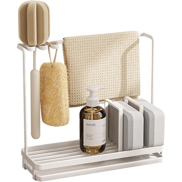 Chiuveta de bucatarie Tava Drainer Rack Taotigzu, multitifunctional din otel inoxidabil, Disspenser de sapun Dispenser Perie Suport de depozitare Accessorii de abuctarie, 25x9x22 cm, Alb