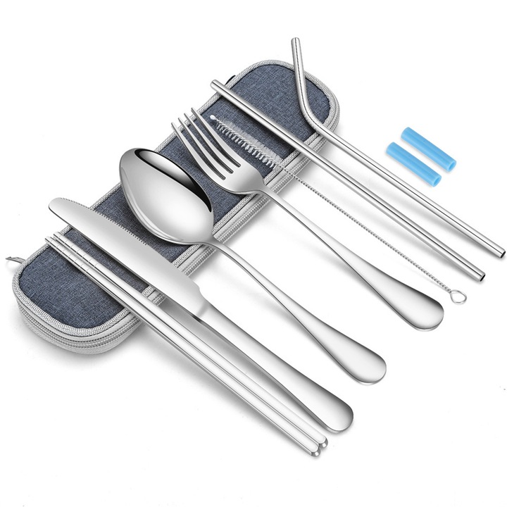Set 7 tacamuri inox Taotigzu, Dispune de cutit, furculita, lingura, betisoare, paie si perie de curatare, Perfect pentru pranzurile de camping la birou si masa in miscare, 25 x 7 cm, argintiu