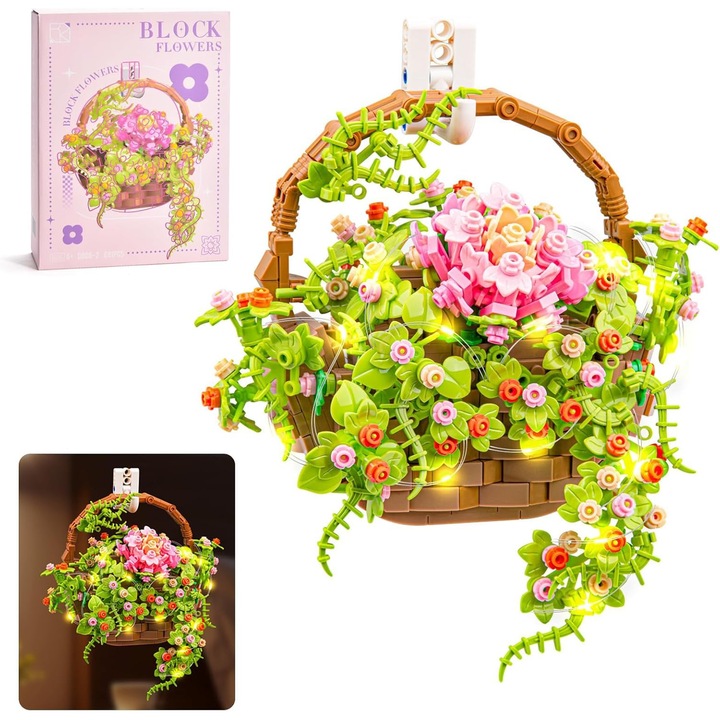 Комплект конструктор, за сглобяване на цветя, 691 части, кошница с цветя, растения бонсай с LED светлина, ботаническа колекция, стенен декор
