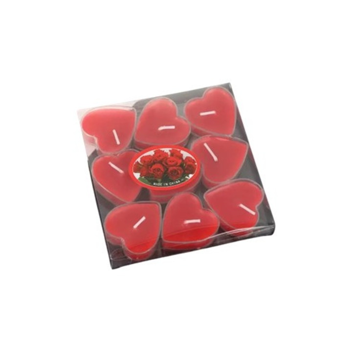 Set 9 lumanari parfumate in forma de inima, AromaTrandafiri, culoare rosie, ardere 3.5h, din parafina
