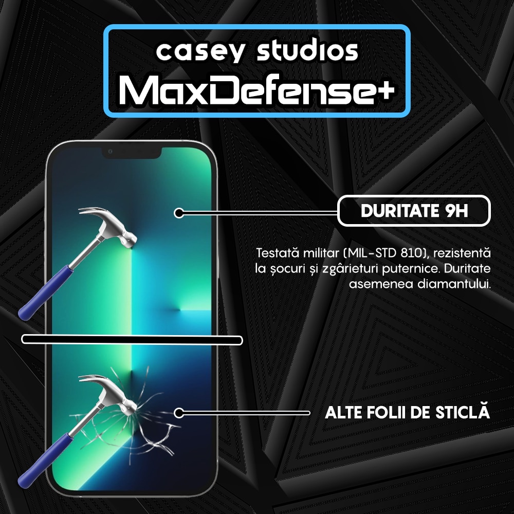 Folie Sticla Mata CASEY STUDIOS™ compatibila cu iPhone 13 Pro Max, MaxDefense+ Matte, Full Cover 3D, Full Glue, Sticla Securizata, Duritate Militara, Protectie Profesionala Ecran 3D, Anti Zgarieturi, Anti Socuri, Negru