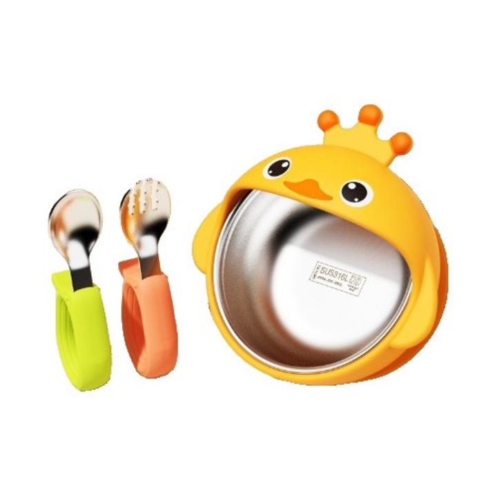 Set hranire pentru bebelusi, model Ratusca, 3 piese, bol din silicon si otel inoxidabil, galben, 14x13x8.5cm