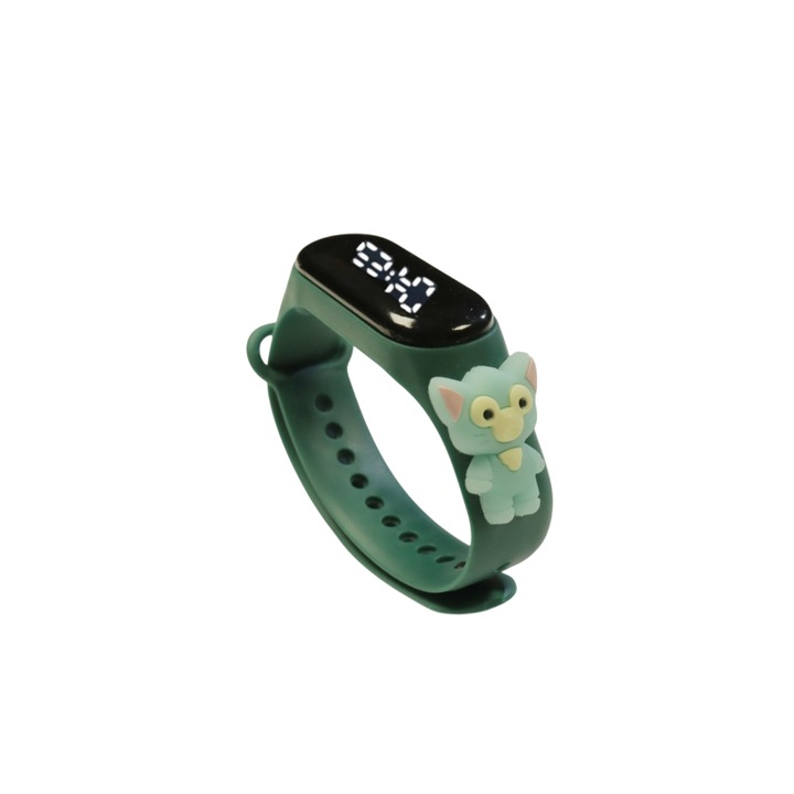 Ceas Pentru Copii, Bratara Silicon Reglabila Mixbo, Baterie Integrata, Cadran Digital, Verde Inchis, Pisica, Unisex