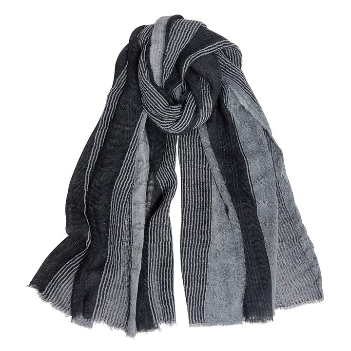 Esarfa barbati, din bumbac-in, cu model si terminatii franjurate, GOGOU®, 75x180CM, Negru/Gri