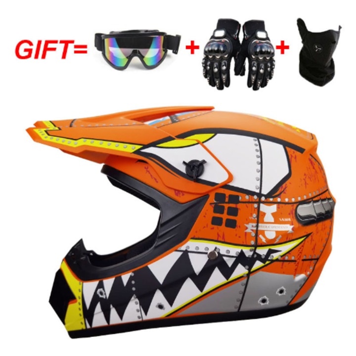 Off-road sisak, kesztyű + szélvédő + vizor, mountain bike teljes sisak motoros sisak, narancssárga, XL (59-60cm)