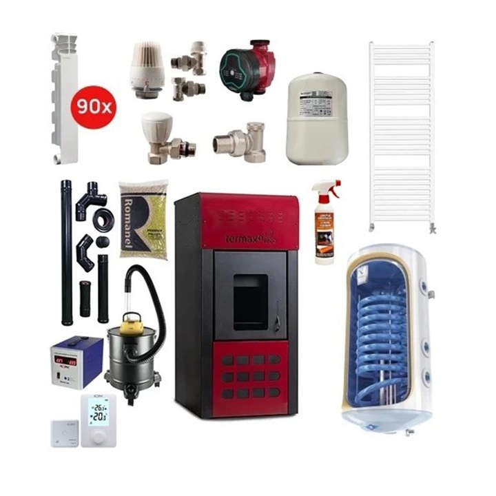 Pachet termosemineu pe peleti Termax Kamin ECO, 25 kW, 160 mp, buncar peleti 45 kg, volum apa 42 litri, diametru cos fum ⌀80 mm, Boiler Termoelectric 120 litri, Elementi Aluminiu + Accesorii Montaj