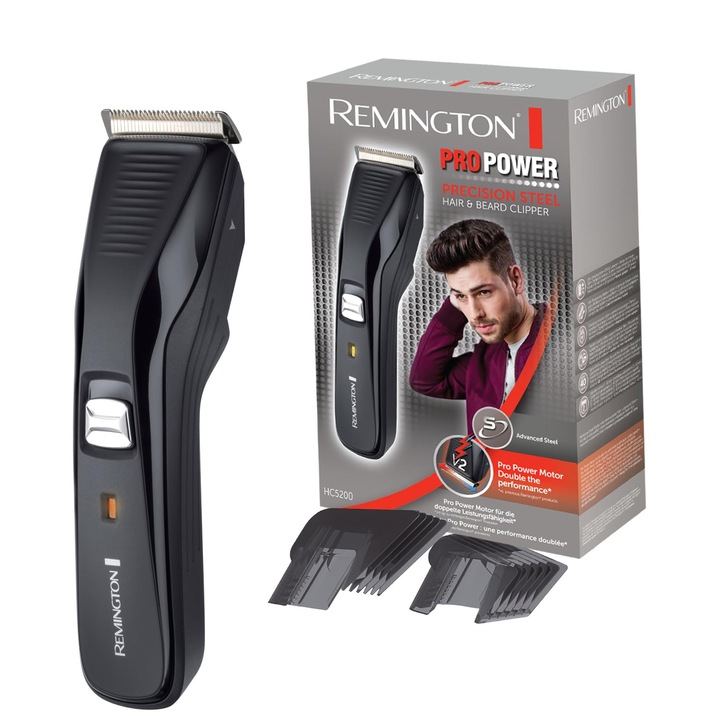 Машинка за подстригване Remington HC5200 (ножчета от неръждаема стомана, ProPower мотор, скорост на рязане 300 мм/сек, 2 прикрепяеми гребена, работа с електрическо захранване/литиево-йонна батерия) Машинка за подстригване, тример за мъже Pro Power