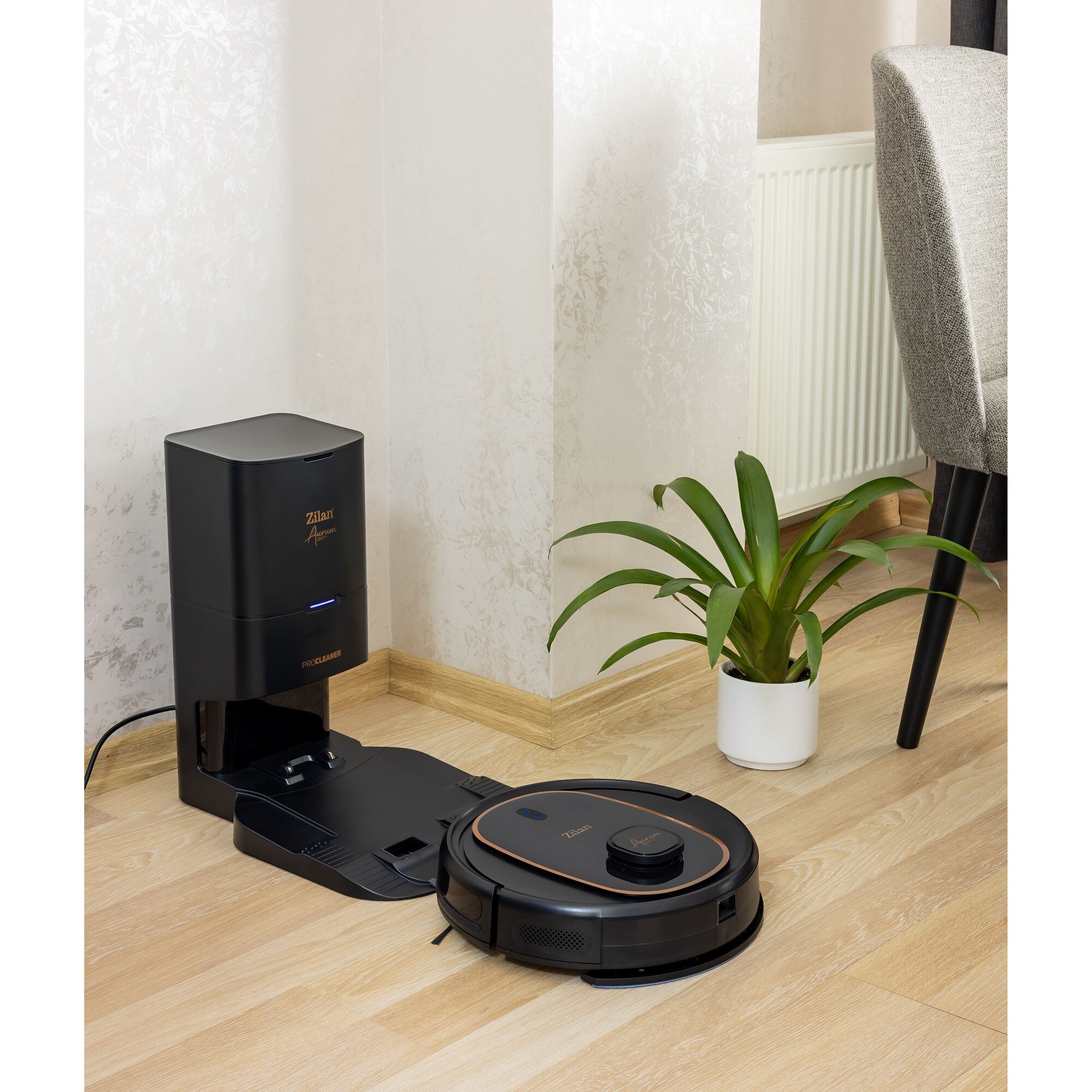 Aspirator robot Zilan ZLN5500 Aurum cu statie de colectare praf, Putere 600W, 3 trepte putere, baterie 3200mAh, Control Vocal, WiFi
