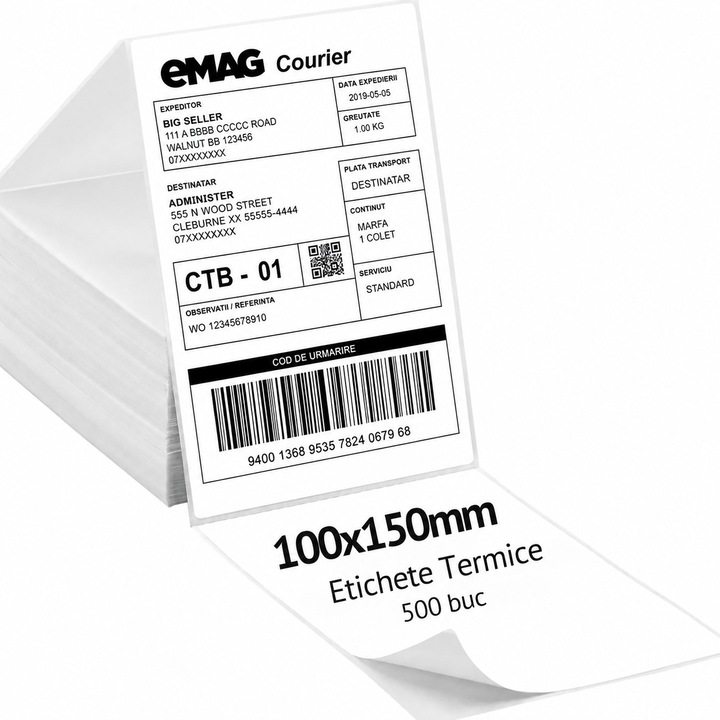 Etichete Termice Autoadezive 100 x 150 mm VITTALIST®, 500 de Etichete, pentru AWB, Format A6, cu Perfor de Rupere, Adeziv Puternic, Alb