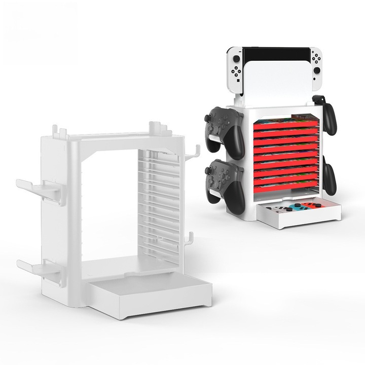 Стойка за съхранение на 10 игри и контролер, рафт за дискове и аксесоари, съвместима с Nintendo Switch, OLED, Lite, чекмедже, бяла