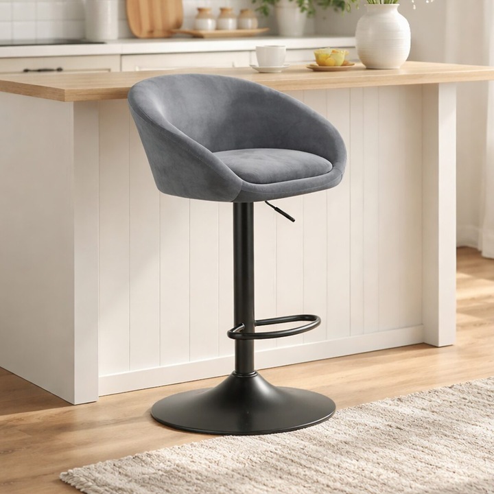 Scaun de bucatarie/bar, Artool, East, rotativ, catifea gri, picior metal negru, 53x46x81-103 cm