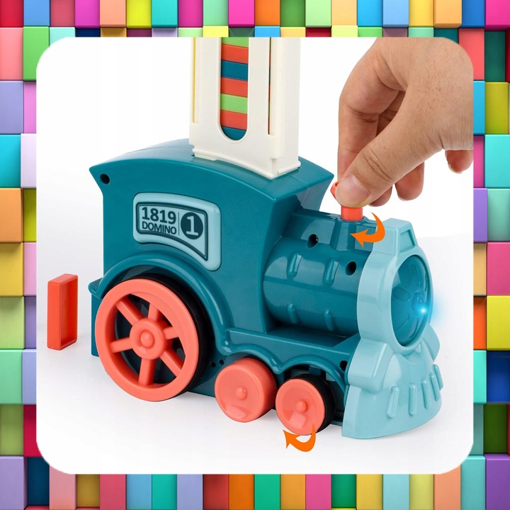 Trenulet de jucarie Pixel, locomotiva cu functie de aranjare automata a pieselor, 100 piese domino, 10x17cm, multicolor, set
