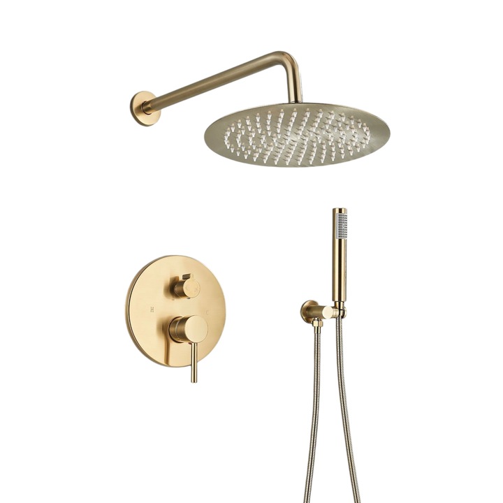 Sistem de Dus Baie BisDesign®, Incastrabil, Integral din Metal, Pipa Functie Ploaie, Finisaj Auriu Mat, Para Dus Perete Rotunda 30 cm