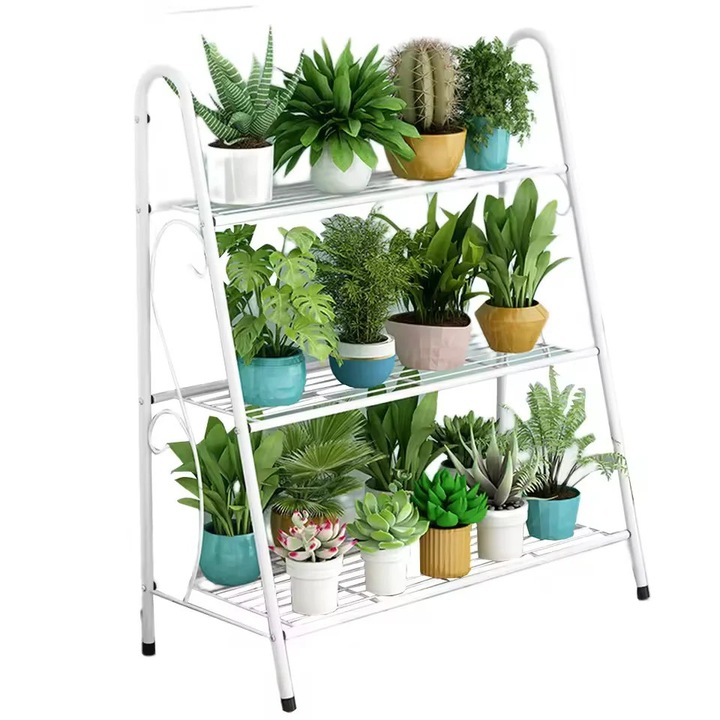 Beltéri virágtartó állvány 3 szintes fehér fém 63x31x69cm