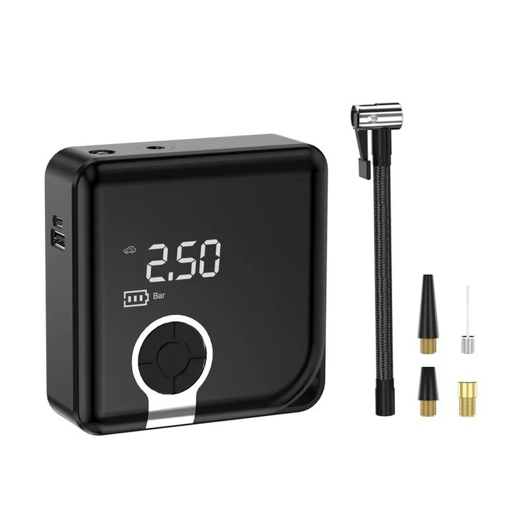 Compresor Auto portabil, 60W 7.4V, Wireless, Baterie litiu 5000mAh, display digital, Lanterna incorporate, maxim 150 PSI, 16L/min, Negru